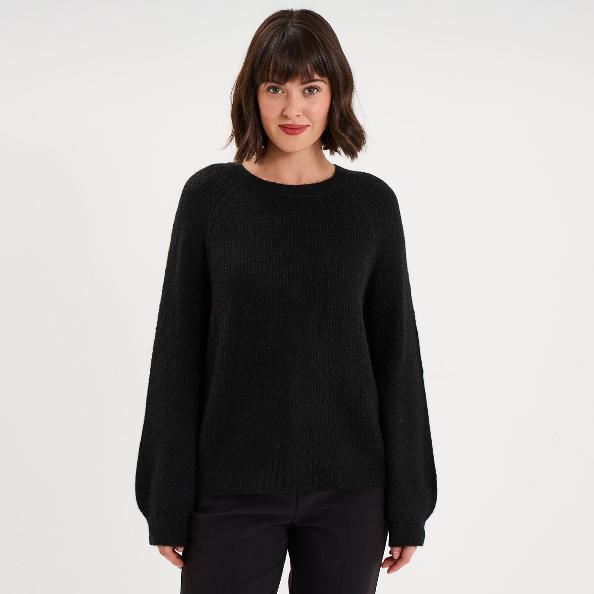 Pull col rond manches longues noir femme