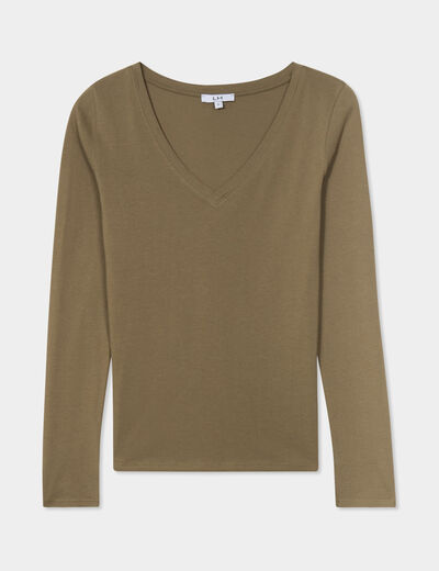 T-shirt col en V manches longues coton vert kaki femme