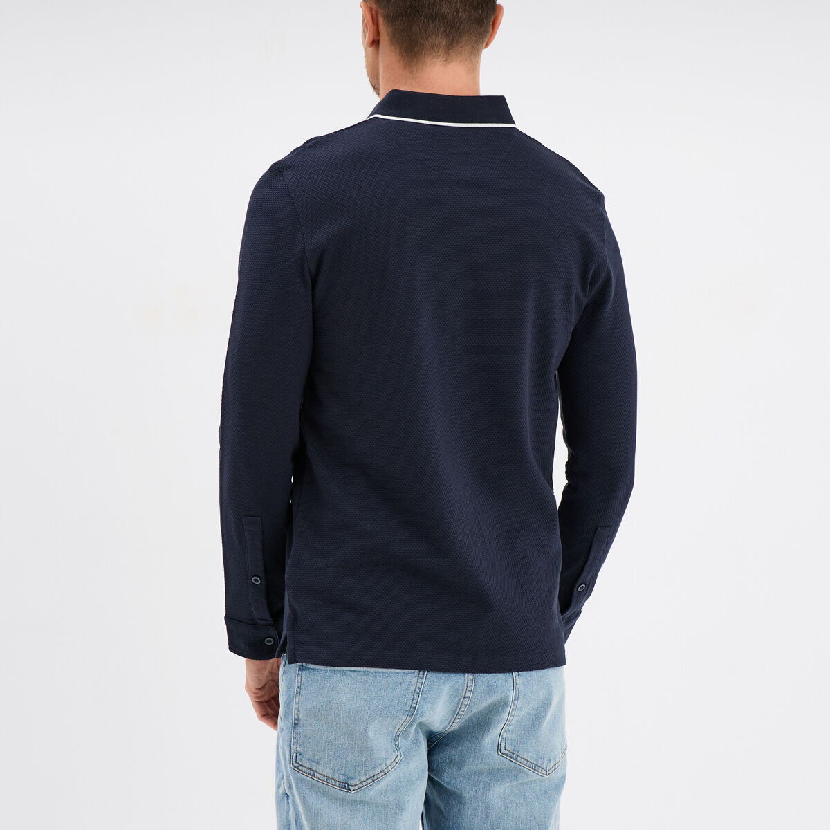 Polo droit manches longues coton bleu fonc&eacute; homme
