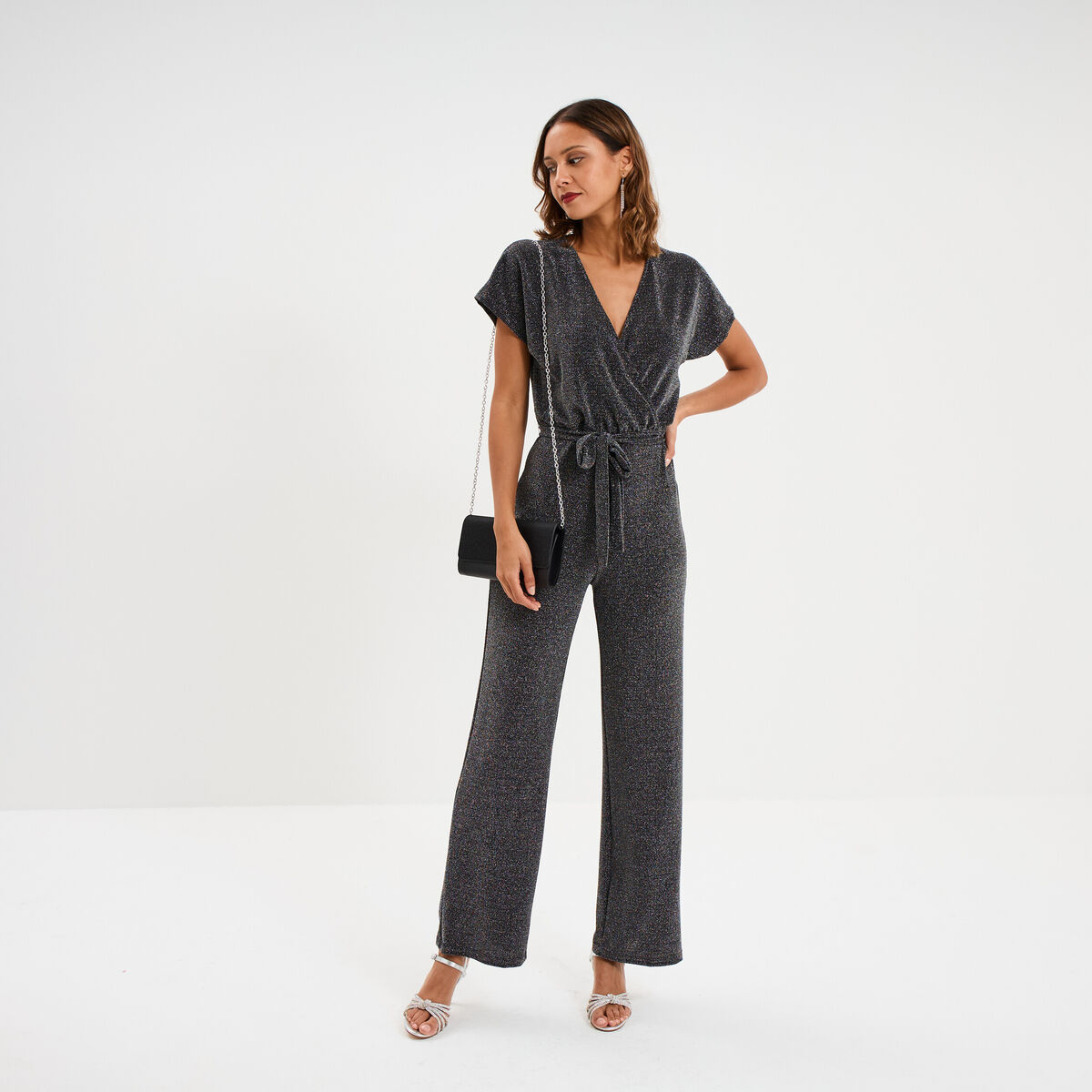 Combinaison pantalon paillettes gris argent femme