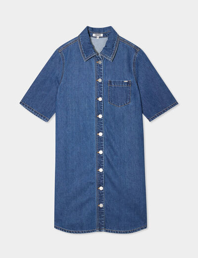 Robe chemise manches courtes en jean denim stone femme