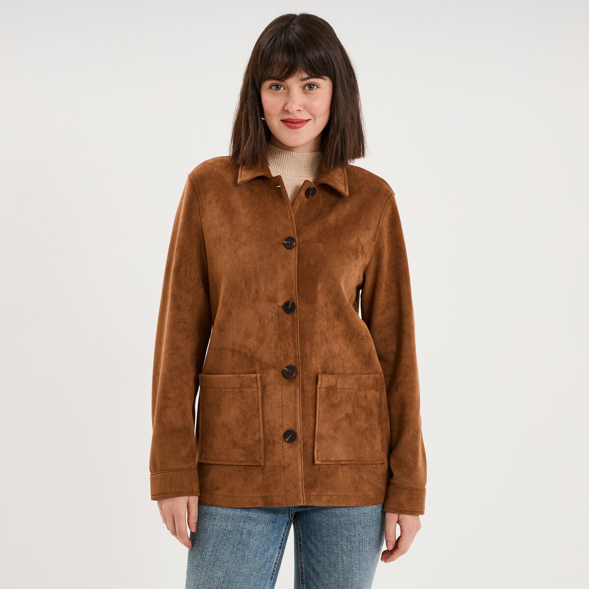 Veste effet su&eacute;dine boutonn&eacute;e camel femme