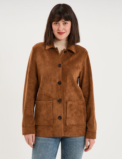 Veste effet su&eacute;dine boutonn&eacute;e camel femme
