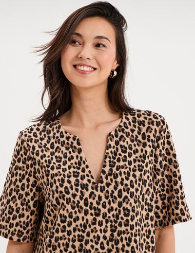 Robe courte col en V manches courtes beige clair femme