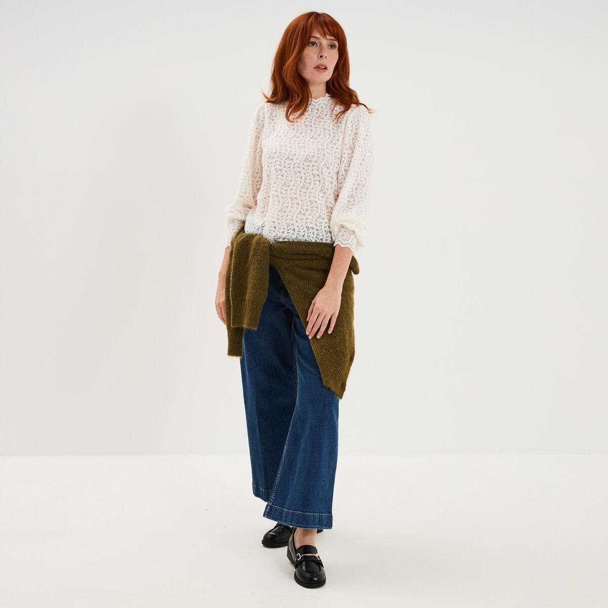 Blouse dentelle col montant blanc femme