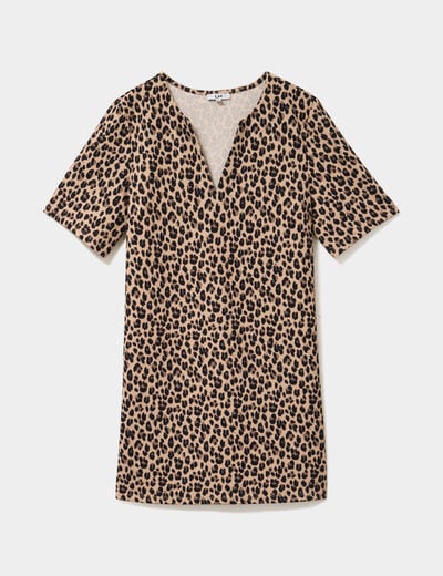 Robe courte col en V manches courtes beige clair femme