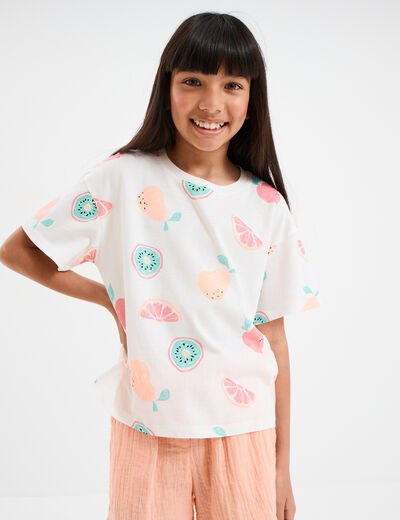 T-shirt col rond manches courtes coton ecru fille