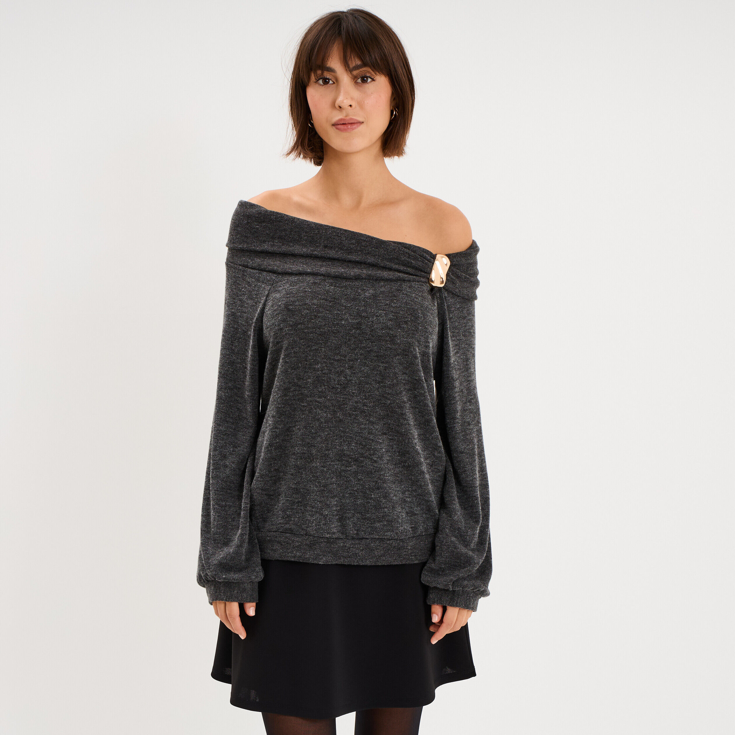 Pull encolure bateau manches longues gris femme MOSQUITOS