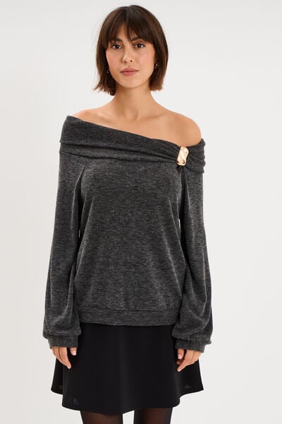 Pull encolure bateau manches longues gris femme