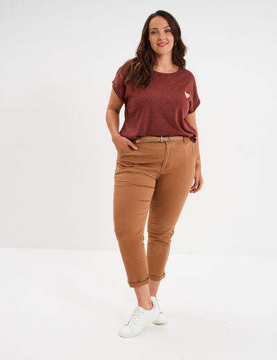 Pantalon chino cigarette ceinturé coton marron clair femme grande taille