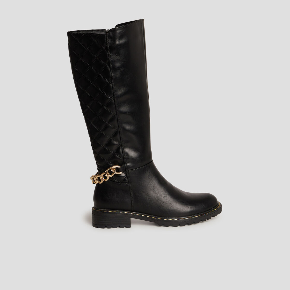 Bottes hautes matelassées avec chaînes noir femme
