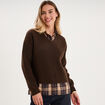Pull 2-en-1 col chemise manches longues marron fonc&eacute; femme