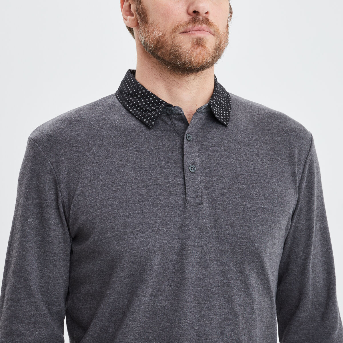 Polo manches longues col boutonné coton gris homme