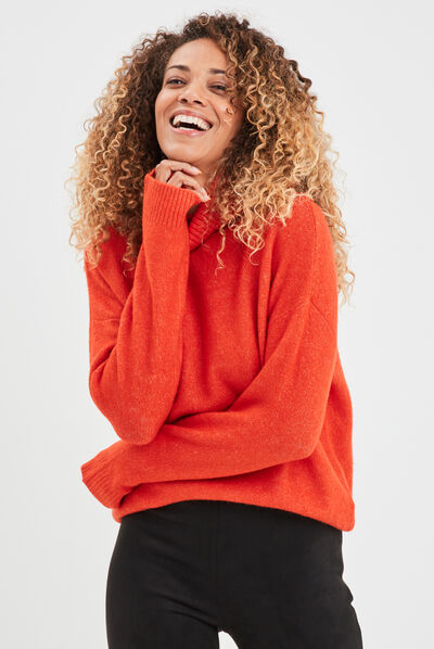 Pull col roulé droit manches longues rouge corail femme