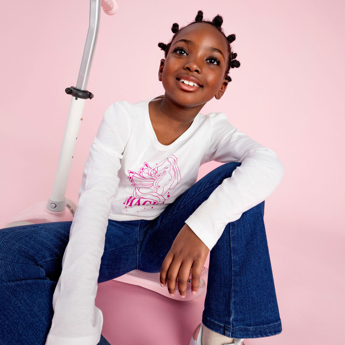 T-shirt col rond manches longues coton ivoire fille