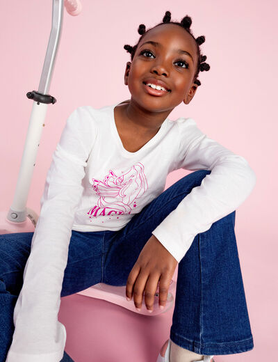 T-shirt col rond manches longues coton ivoire fille