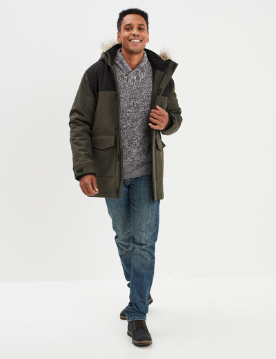 Parka capuche fausse fourrure amovible vert kaki homme