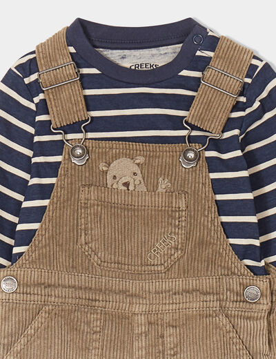 Ensemble 3 pièces salopette velours bleu marine bébé garçon