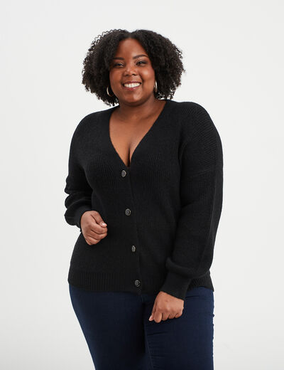 Gilet col en V boutonné manches longues noir femme grande taille