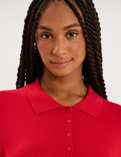 Pull col polo manches courtes rouge femme