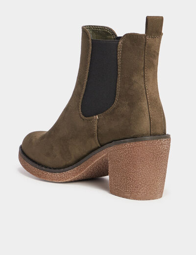 Bottines chelsea &agrave; talons aspect su&eacute;dine vert kaki femme