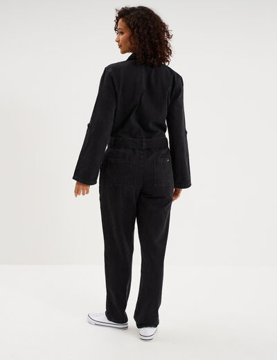 Combinaison pantalon en jean ceintur&eacute;e denim noir femme