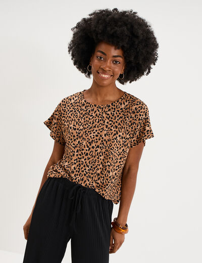 T-shirt gaufr&eacute; col rond manches courtes beige femme