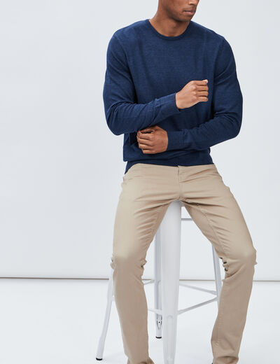 Pull droit col rond coton m&eacute;lang&eacute; bleu fonc&eacute; homme