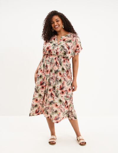 Robe longue col tunisien taille smock&eacute;e beige femme grande taille