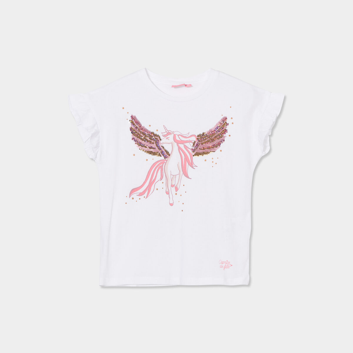 T-shirt à sequins manches courtes coton ivoire fille