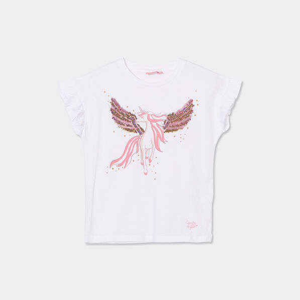 T-shirt à sequins manches courtes coton ivoire fille