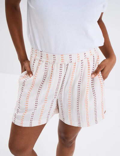 Short taille &eacute;lastiqu&eacute;e gaze de coton ecru femme