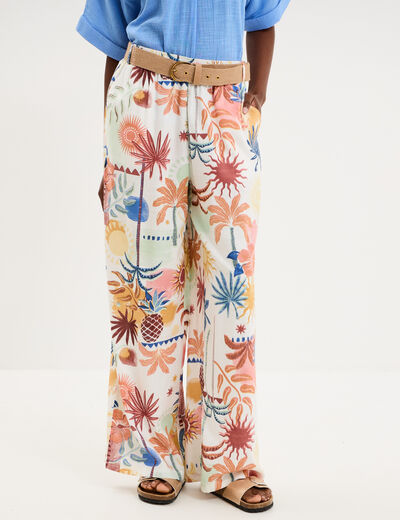 Pantalon large fluide avec ceinture ecru femme