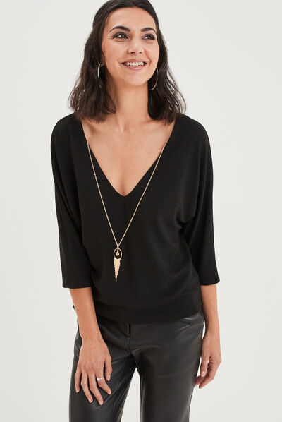 T-shirt à bijoux manches amples noir femme