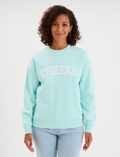 Sweat molleton col rond manches longues bleu turquoise femme
