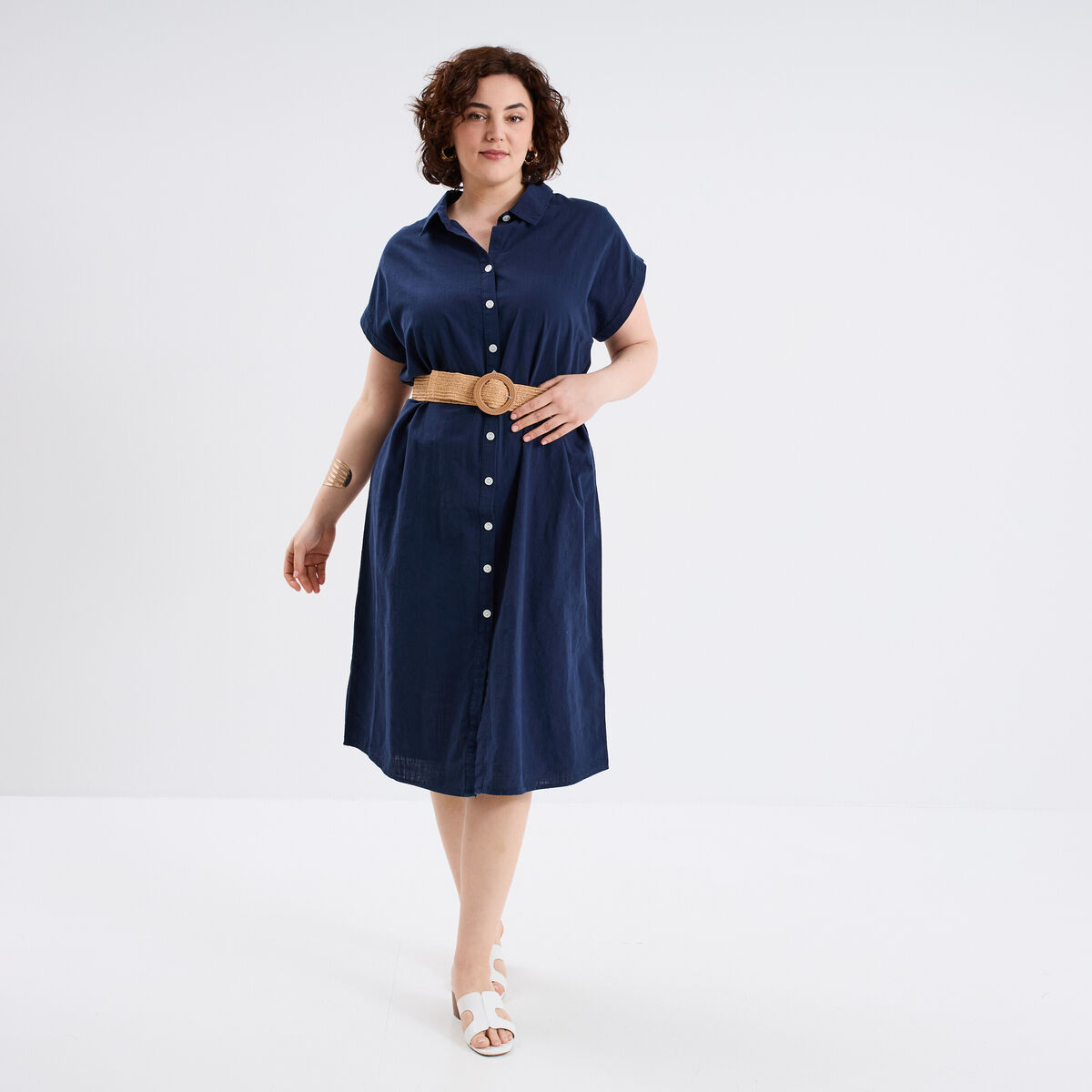 Robe chemise ceinturée coton bleu foncé femme grande taille