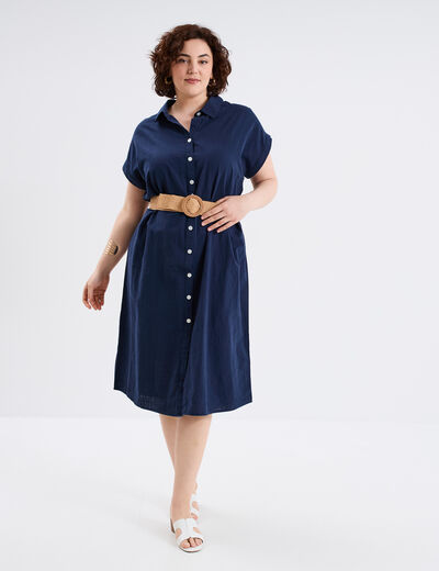 Robe chemise ceinturée coton bleu foncé femme grande taille