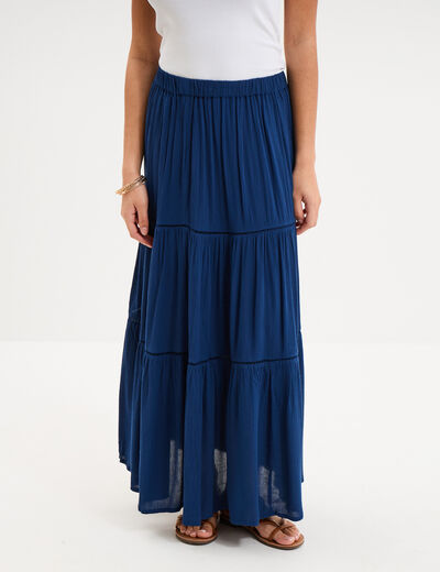 Jupe longue fluide taille &eacute;lastiqu&eacute;e bleu marine femme