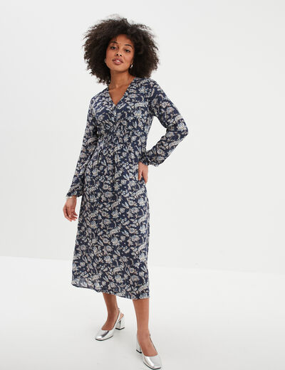 Robe longue fluide et &eacute;vas&eacute;e bleu marine femme