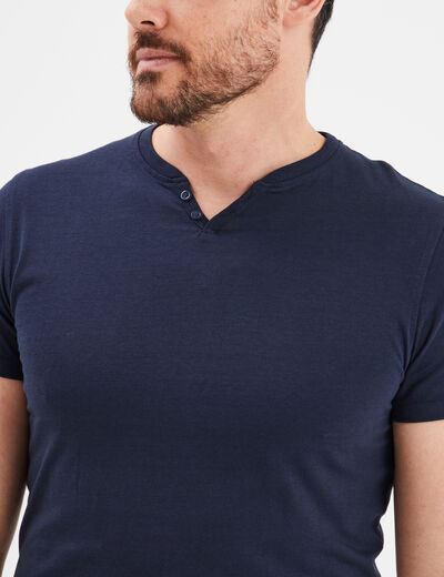 T-shirt manches courtes col tunisien bleu marine homme
