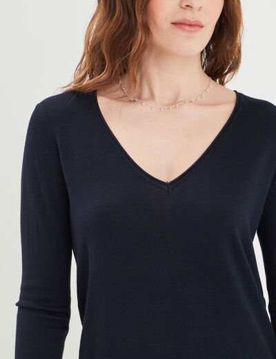 Pull ajusté avec col en V bleu marine femme