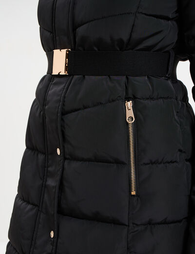 Doudoune ceinturée mi-longue à capuche noir femme