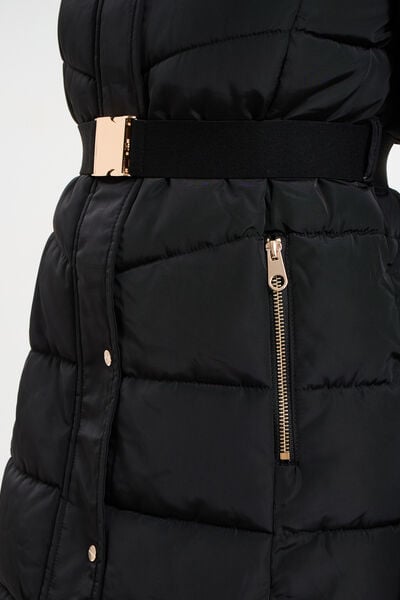 Doudoune ceintur&eacute;e mi-longue &agrave; capuche noir femme