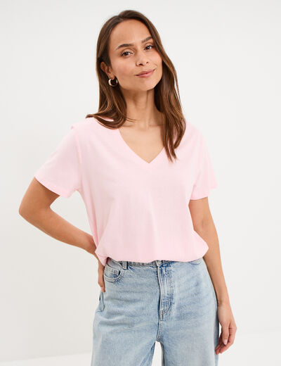 T-shirt manches courtes col en V coton rose clair femme