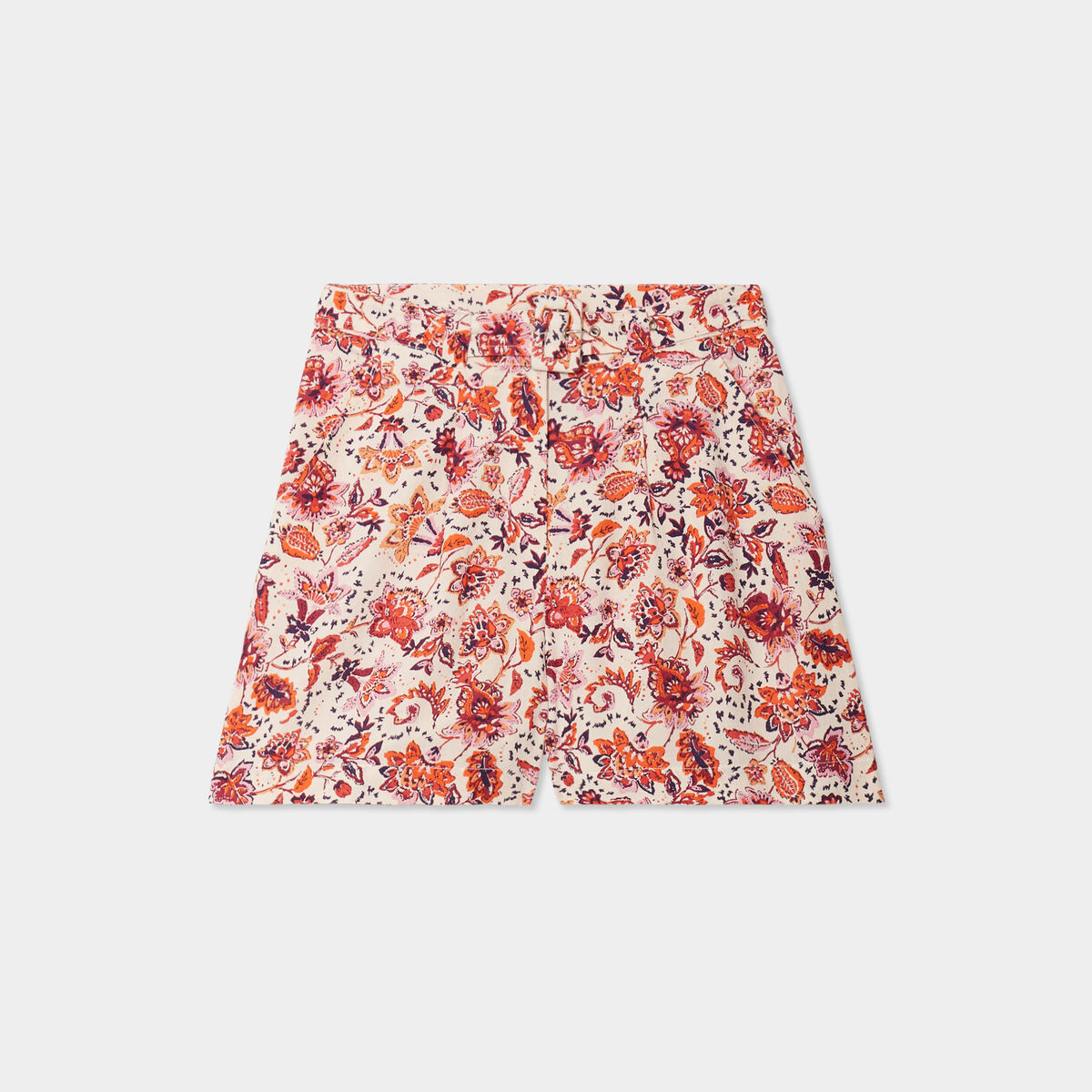 Short droit ceinturé mélange lin ecru femme
