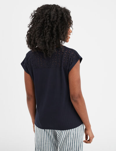 T-shirt col en V dentelle épaules et dos bleu foncé femme