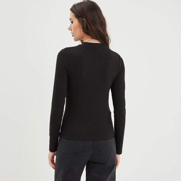 T-shirt côtelé col montant ajusté noir femme