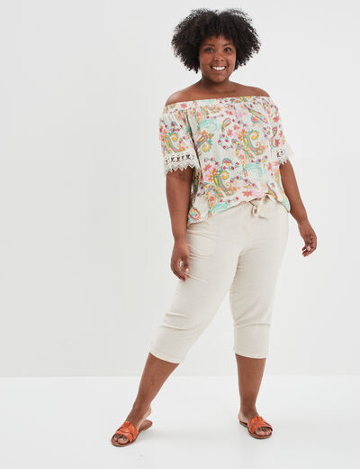 Pantacourt droit ceinturé mélange de lin beige femme grande taille