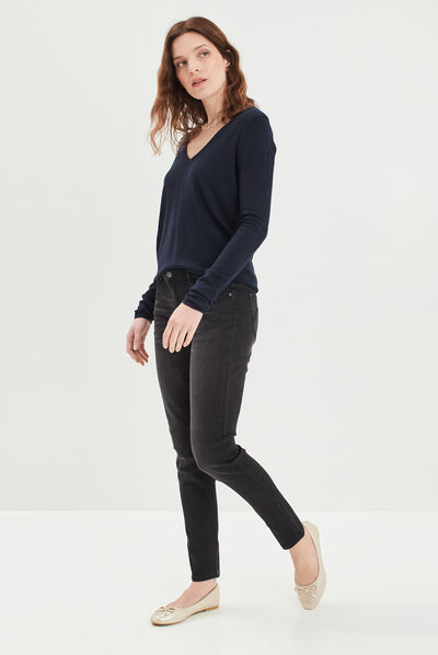 Pull avec col en V bleu marine femme