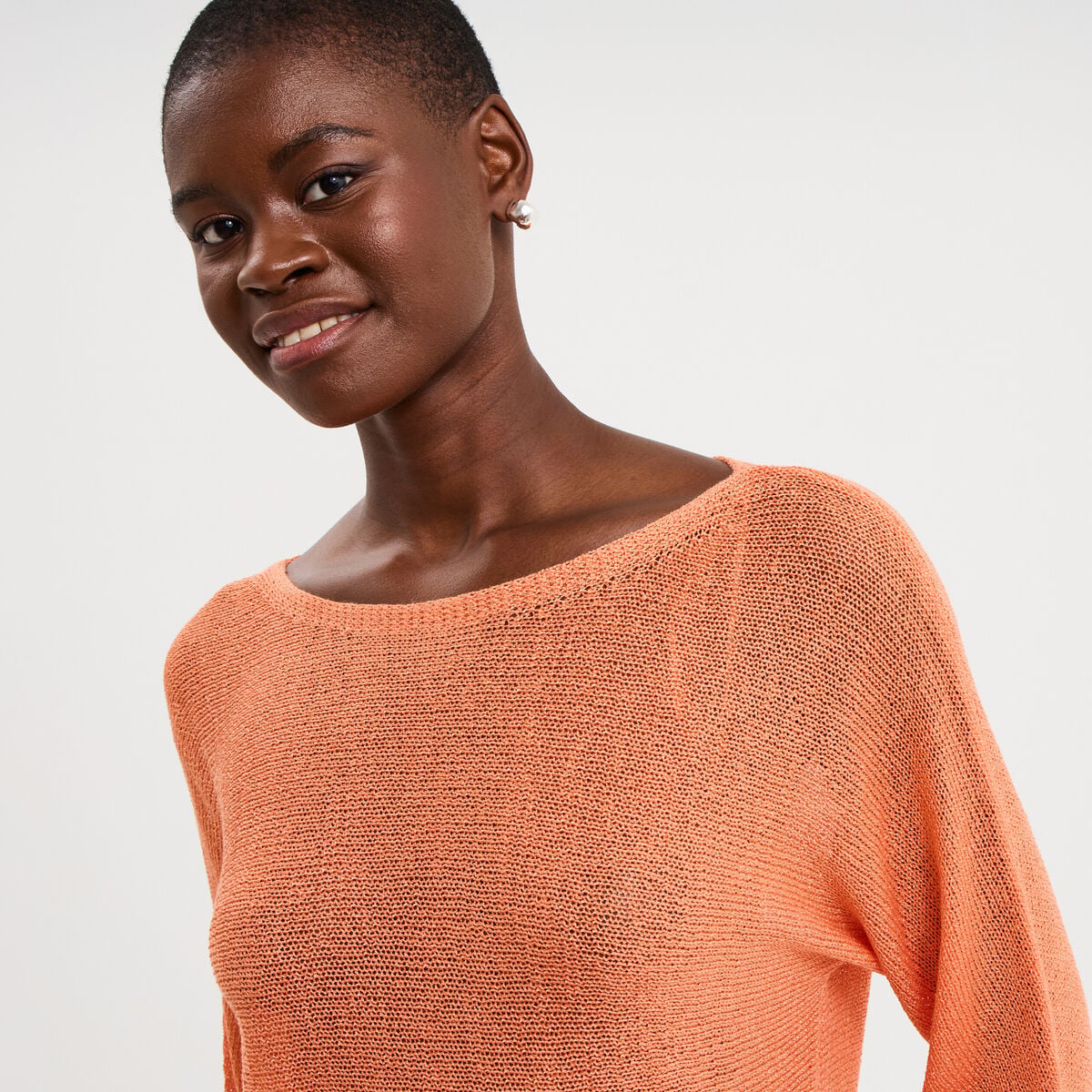 Pull droit col rond manches longues orange corail femme